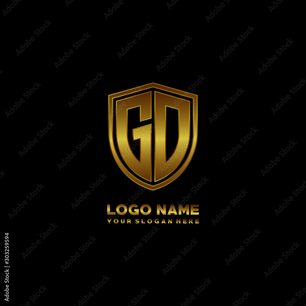 Initial letters GD shield shape gold monogram logo. Shield Secure Safe logo design inspiration Initial letters GD shield shape gold monogram logo. Shield Secure Safe logo design inspiration
