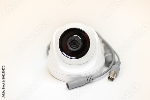 CCTV View of a white dome security camera isolated on white background