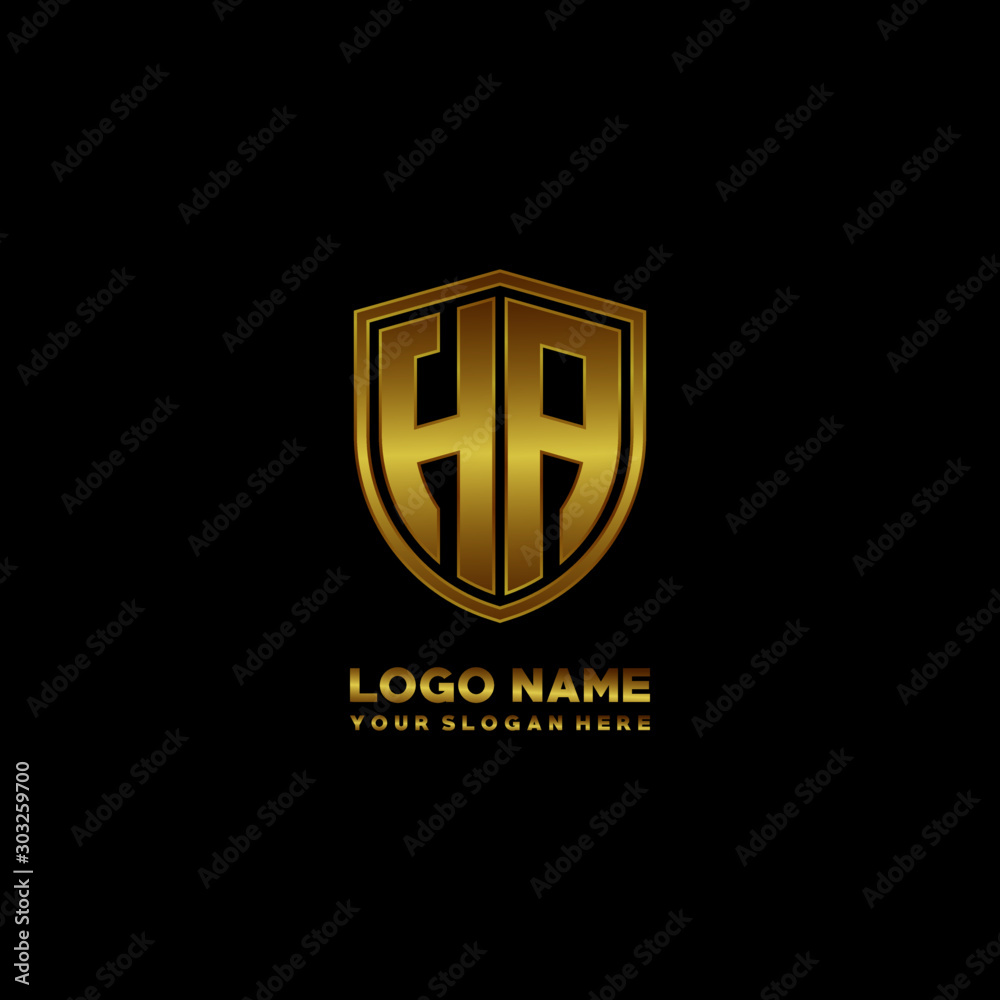 Initial letters HA shield shape gold monogram logo. Shield Secure Safe logo design inspiration Initial letters HA shield shape gold monogram logo. Shield Secure Safe logo design inspiration