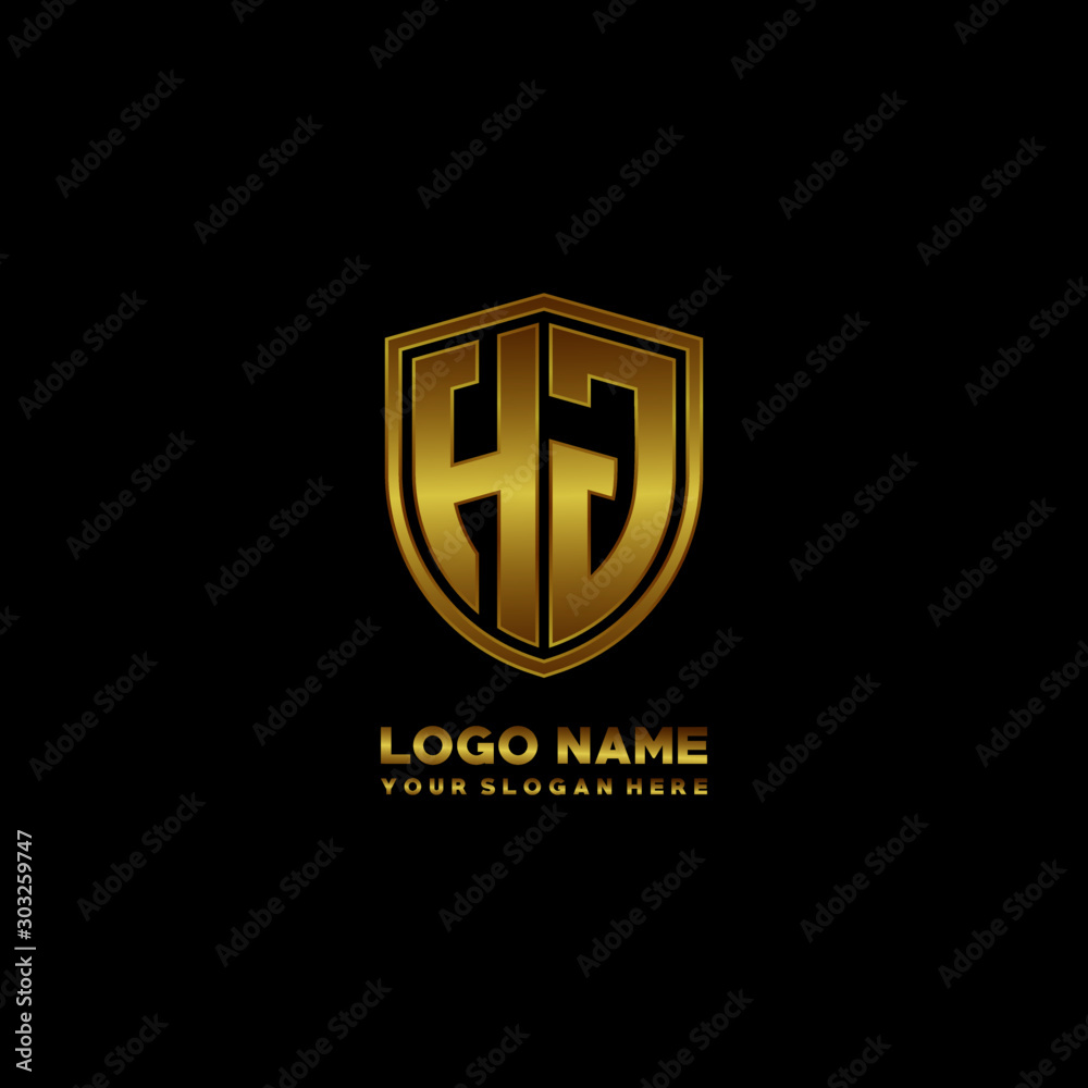 Initial letters HJ shield shape gold monogram logo. Shield Secure Safe logo design inspiration Initial letters HJ shield shape gold monogram logo. Shield Secure Safe logo design inspiration