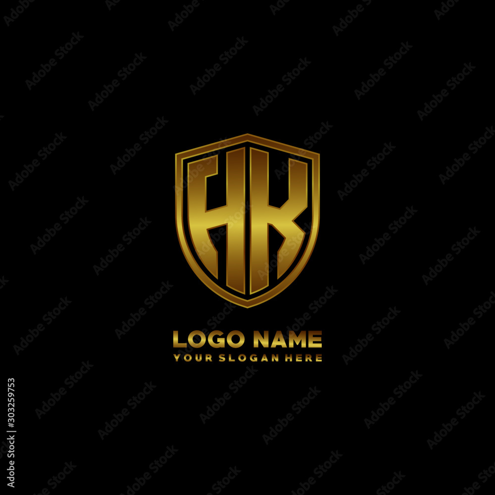 Initial letters HK shield shape gold monogram logo. Shield Secure Safe logo design inspiration Initial letters HK shield shape gold monogram logo. Shield Secure Safe logo design inspiration