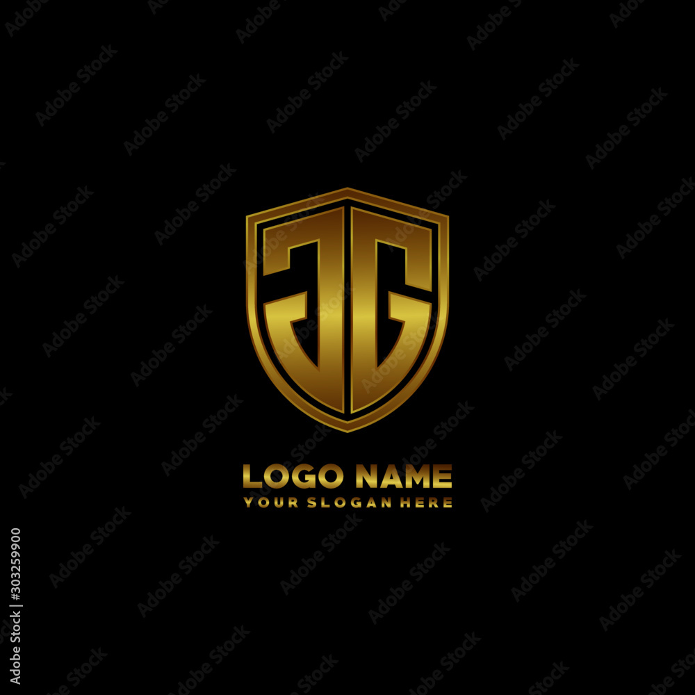 Initial letters JG shield shape gold monogram logo. Shield Secure Safe logo design inspiration