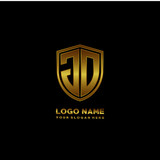 Initial letters JO shield shape gold monogram logo. Shield Secure Safe logo design inspiration