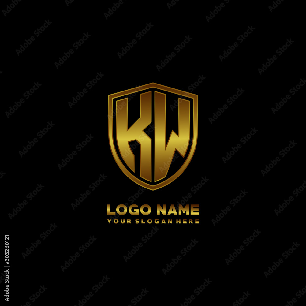 Initial letters KW shield shape gold monogram logo. Shield Secure Safe logo design inspiration Initial letters KW shield shape gold monogram logo. Shield Secure Safe logo design inspiration
