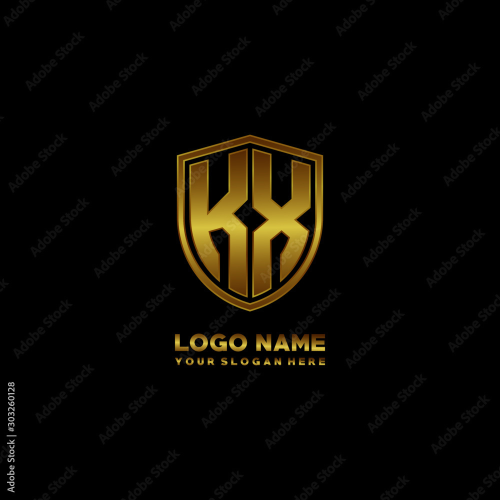 Initial letters KX shield shape gold monogram logo. Shield Secure Safe logo design inspiration Initial letters KX shield shape gold monogram logo. Shield Secure Safe logo design inspiration