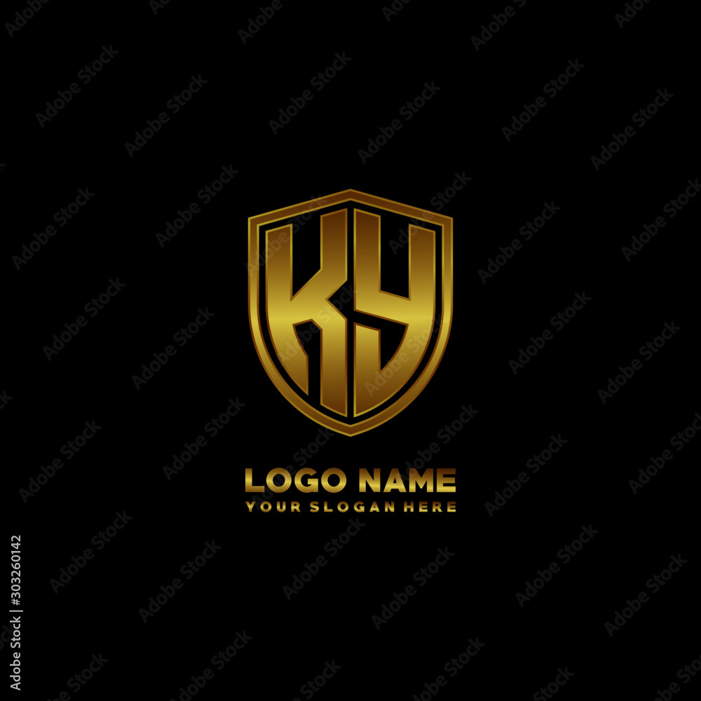 Initial letters KY shield shape gold monogram logo. Shield Secure Safe logo design inspiration Initial letters KY shield shape gold monogram logo. Shield Secure Safe logo design inspiration