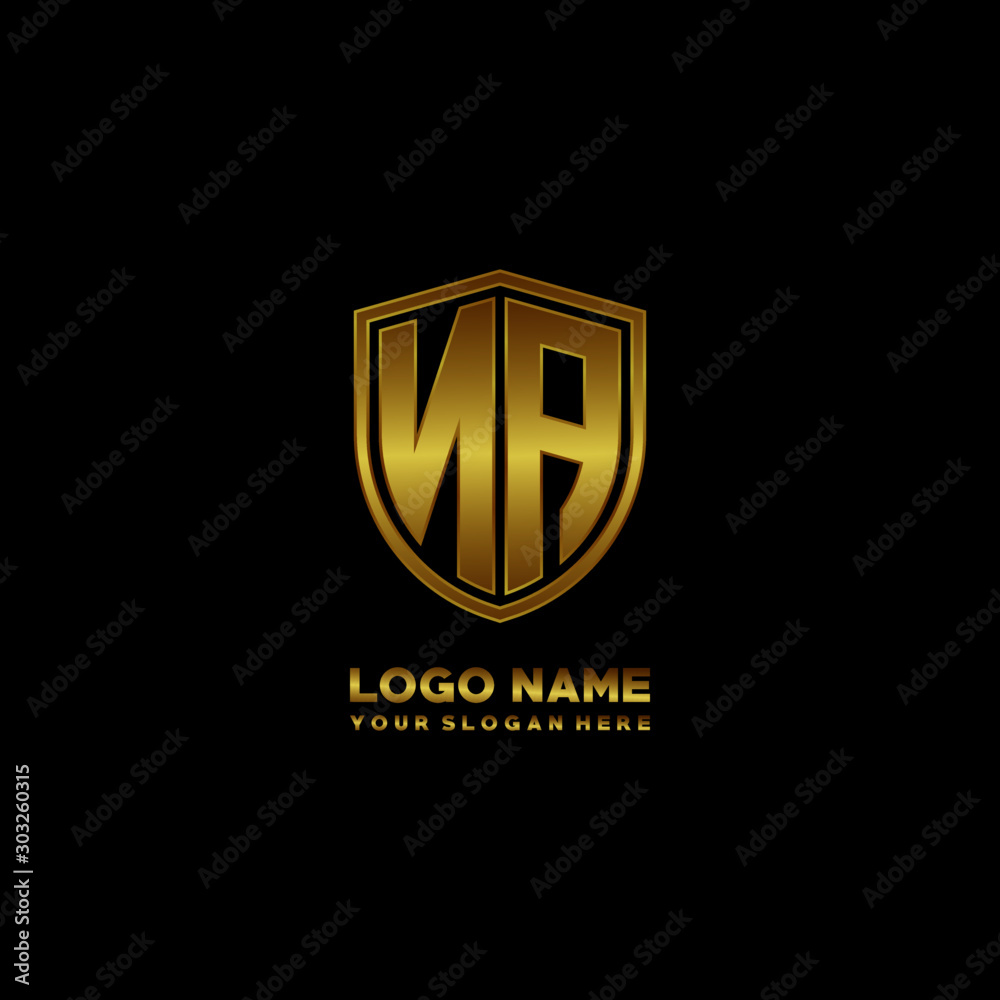 Initial letters NA shield shape gold monogram logo. Shield Secure Safe logo design inspiration Initial letters NA shield shape gold monogram logo. Shield Secure Safe logo design inspiration