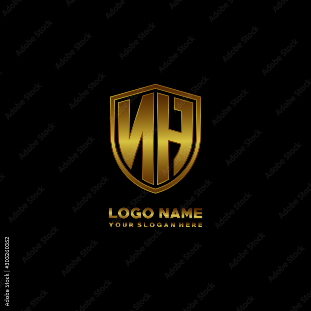 Initial letters NH shield shape gold monogram logo. Shield Secure Safe logo design inspiration Initial letters NH shield shape gold monogram logo. Shield Secure Safe logo design inspiration