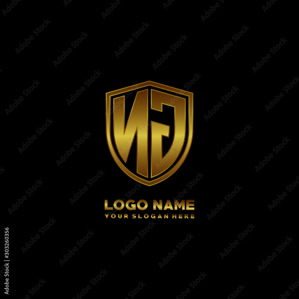 Initial letters NJ shield shape gold monogram logo. Shield Secure Safe logo design inspiration Initial letters NJ shield shape gold monogram logo. Shield Secure Safe logo design inspiration