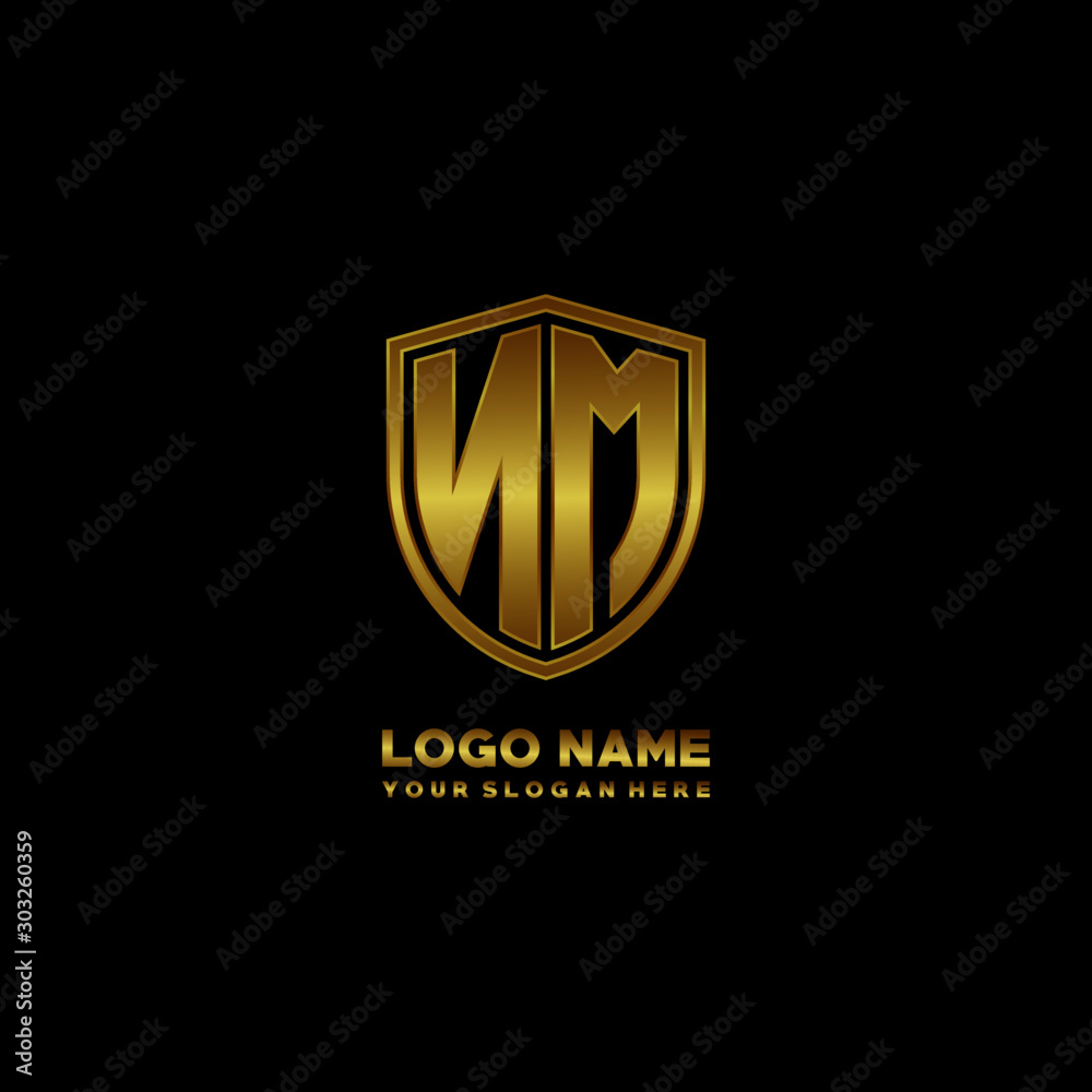 Initial letters NM shield shape gold monogram logo. Shield Secure Safe logo design inspiration Initial letters NM shield shape gold monogram logo. Shield Secure Safe logo design inspiration