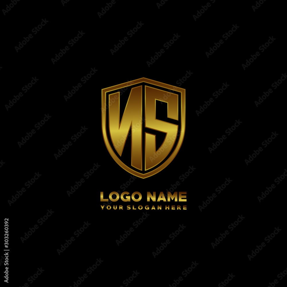 Initial letters NS shield shape gold monogram logo. Shield Secure Safe logo design inspiration Initial letters NS shield shape gold monogram logo. Shield Secure Safe logo design inspiration