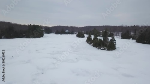 Aerial Drone View Of Frozen Ice Lake Flying Toward Forest In Winter photo