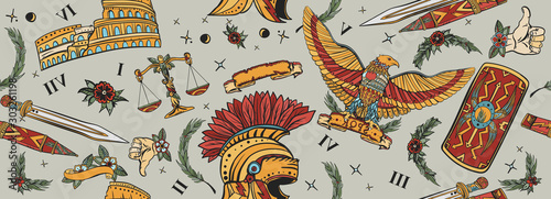 Ancient Rome seamless pattern. Roman eagle, spartan helmet, sword, shield and Colosseum. History of Italy. Traditional tattooing background. Old school tattoo style