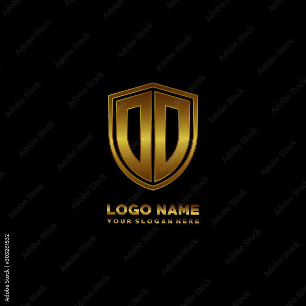 Initial letters OO shield shape gold monogram logo. Shield Secure Safe logo design inspiration Initial letters OO shield shape gold monogram logo. Shield Secure Safe logo design inspiration