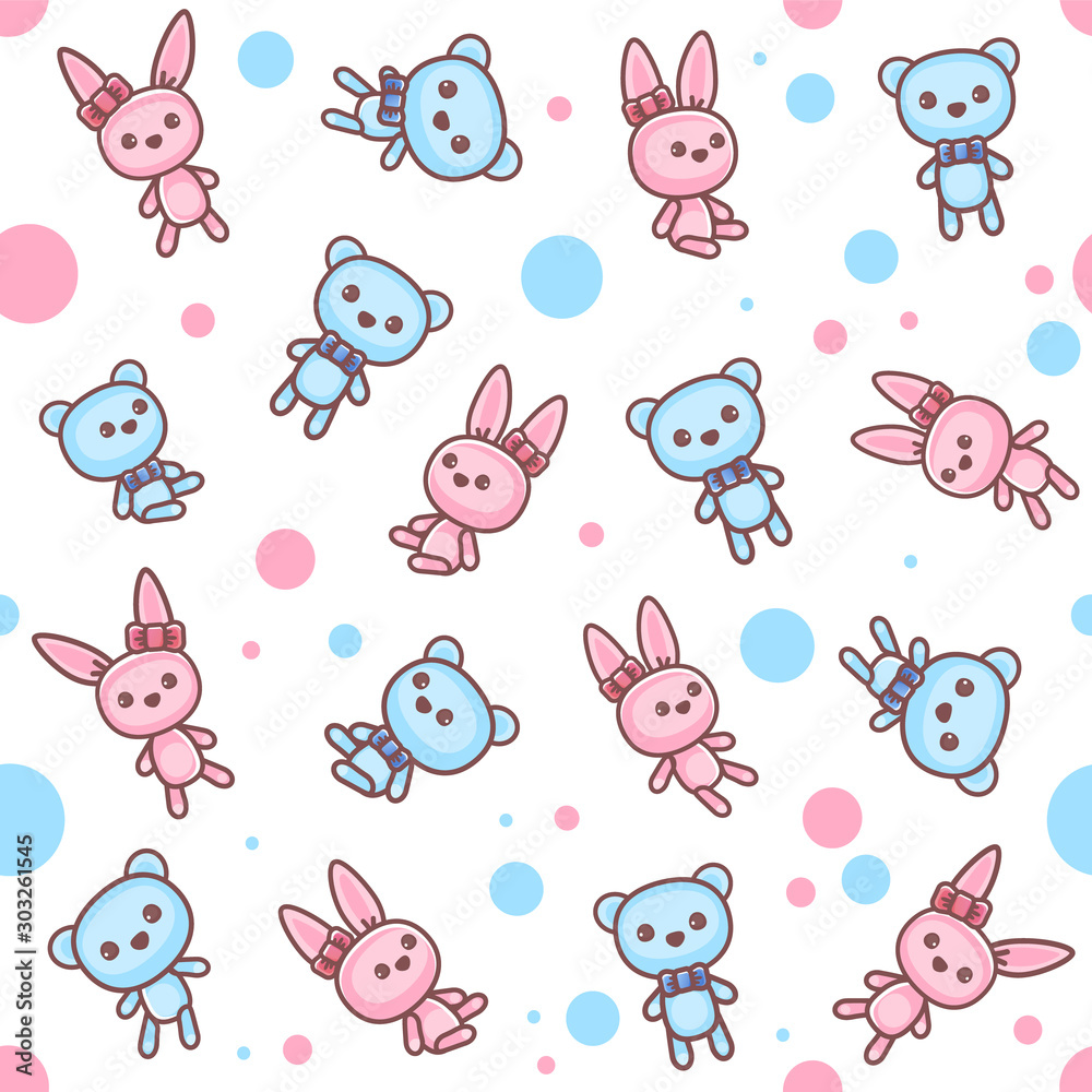 Toys seamless pattern. Teddy bear and bunny. Cozy pattern for childrens print and in the room for the child. Vector illustration Toys seamless pattern. Teddy bear and bunny. Cozy pattern for childrens print and in the room for the child. Vector illustration