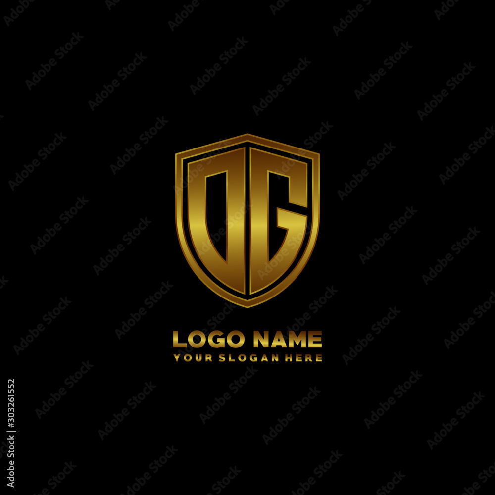 Initial letters OG shield shape gold monogram logo. Shield Secure Safe logo design inspiration Initial letters OG shield shape gold monogram logo. Shield Secure Safe logo design inspiration