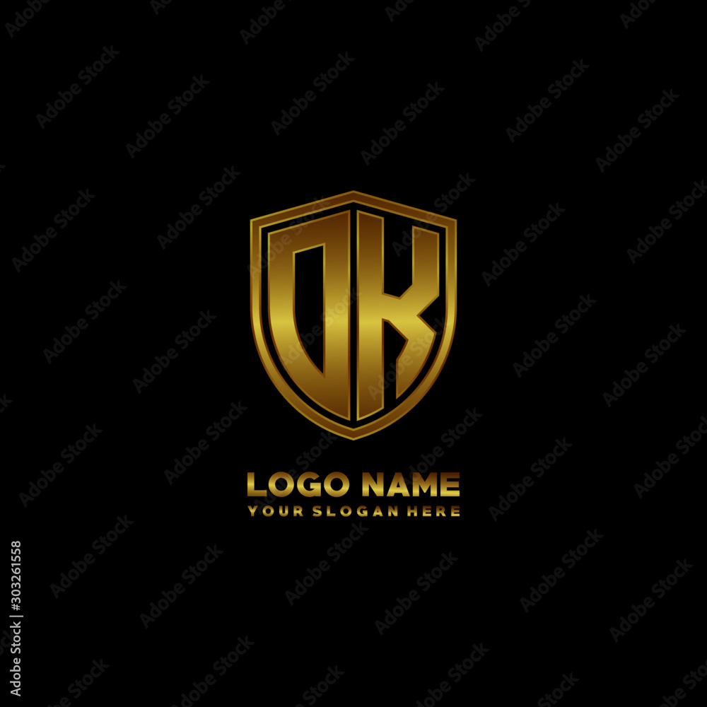 Initial letters OK shield shape gold monogram logo. Shield Secure Safe logo design inspiration Initial letters OK shield shape gold monogram logo. Shield Secure Safe logo design inspiration