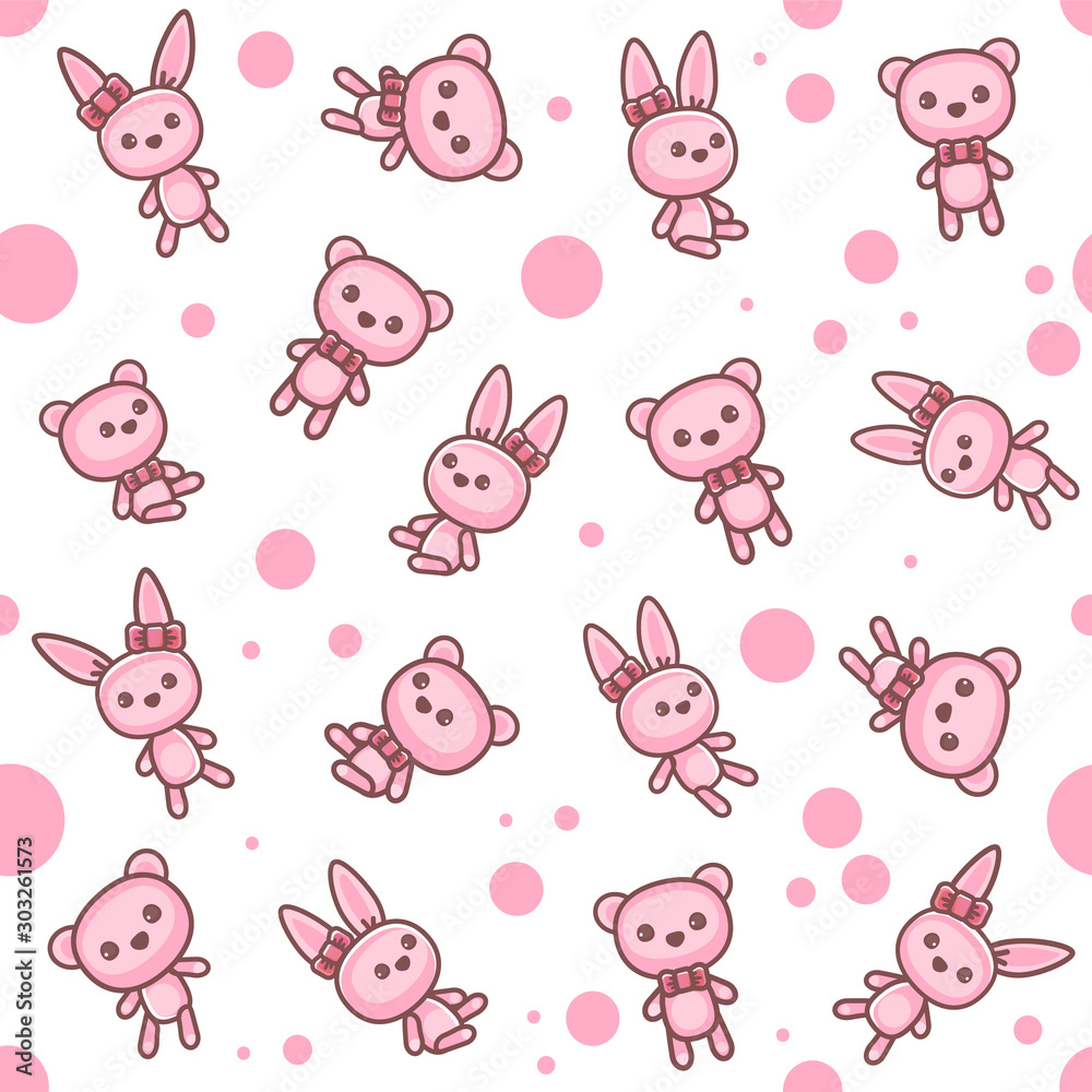 Toys seamless pattern. Teddy bear and bunny. Cozy pattern for childrens print and in the room for the child. Vector illustration