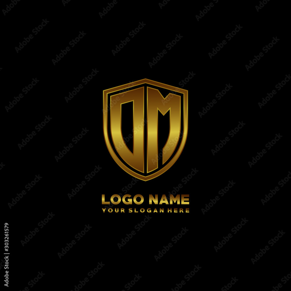 Initial letters OM shield shape gold monogram logo. Shield Secure Safe logo design inspiration Initial letters OM shield shape gold monogram logo. Shield Secure Safe logo design inspiration
