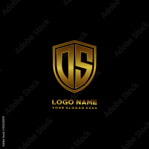 Initial letters OS shield shape gold monogram logo. Shield Secure Safe logo design inspiration