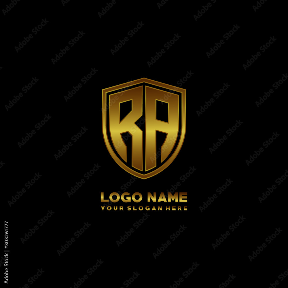 Initial letters RA shield shape gold monogram logo. Shield Secure Safe logo design inspiration Initial letters RA shield shape gold monogram logo. Shield Secure Safe logo design inspiration