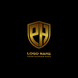 Initial letters PH shield shape gold monogram logo. Shield Secure Safe logo design inspiration