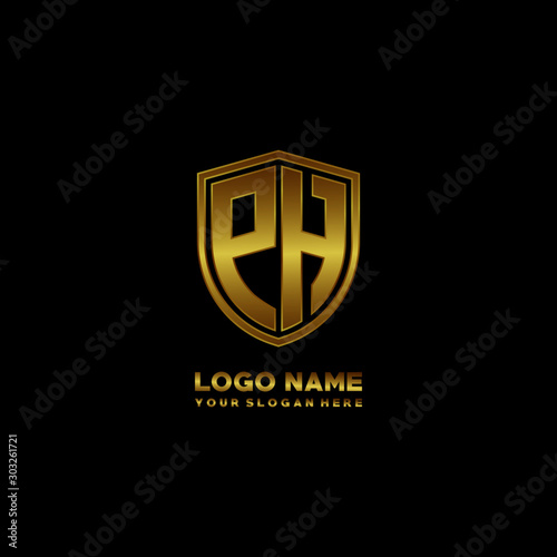 Initial letters PH shield shape gold monogram logo. Shield Secure Safe logo design inspiration