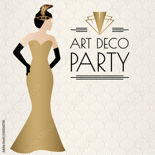 Art Deco Illustration Design with Women in Gold Dress