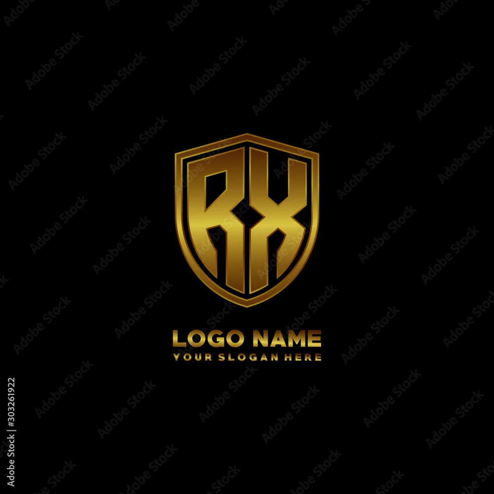 Initial letters RX shield shape gold monogram logo. Shield Secure Safe logo design inspiration Initial letters RX shield shape gold monogram logo. Shield Secure Safe logo design inspiration