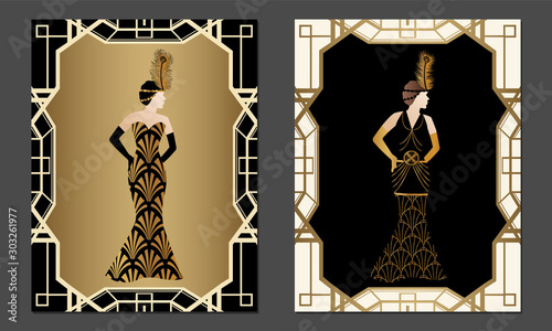 Geometric Art Deco Style Woman in Dress Design with Fashion Women Dresses