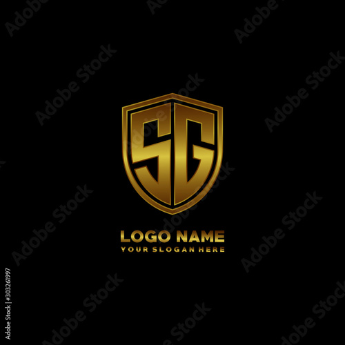 Initial letters SG shield shape gold monogram logo. Shield Secure Safe logo design inspiration