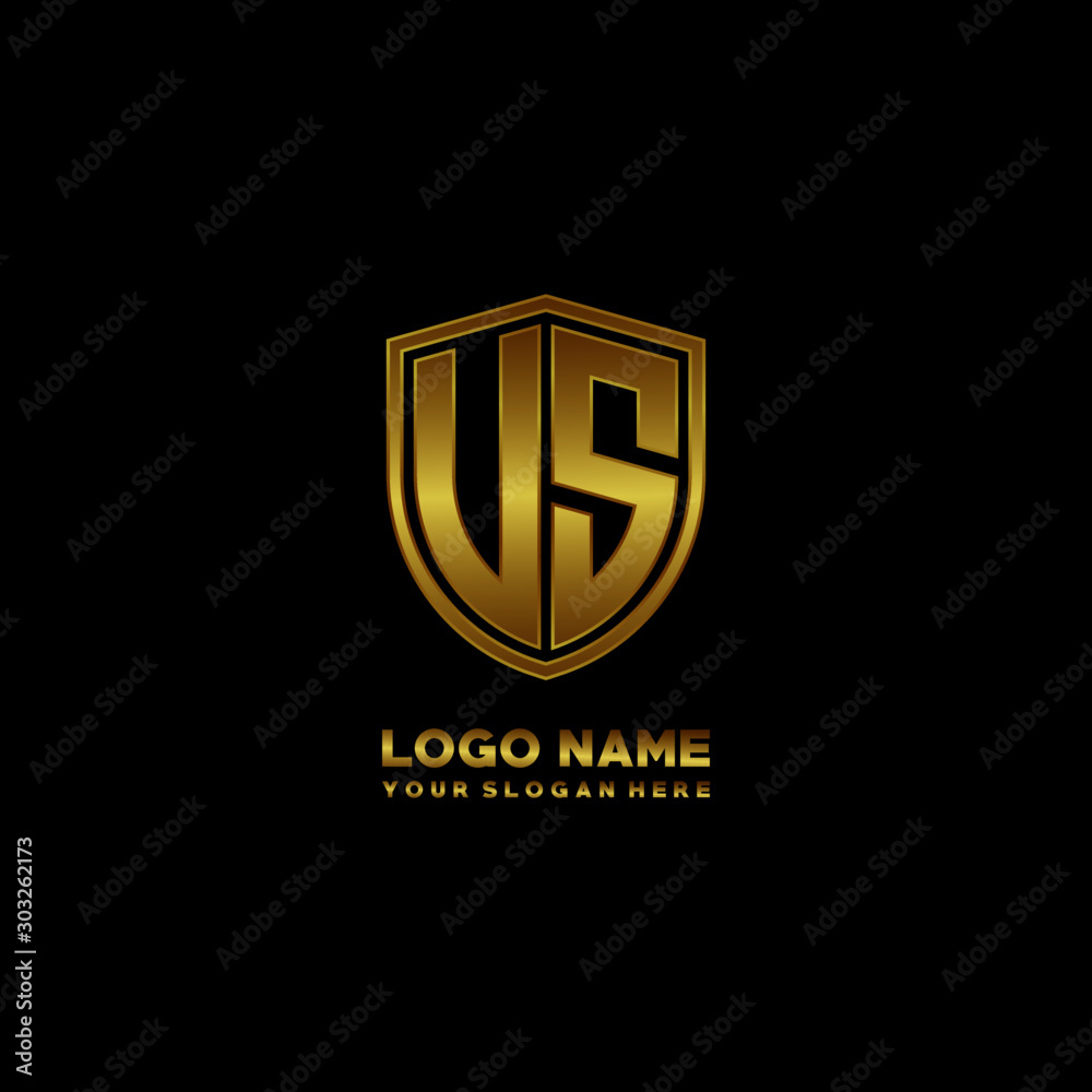 Initial letters US VS shield shape gold monogram logo. Shield Secure Safe logo design inspiration Initial letters US VS shield shape gold monogram logo. Shield Secure Safe logo design inspiration