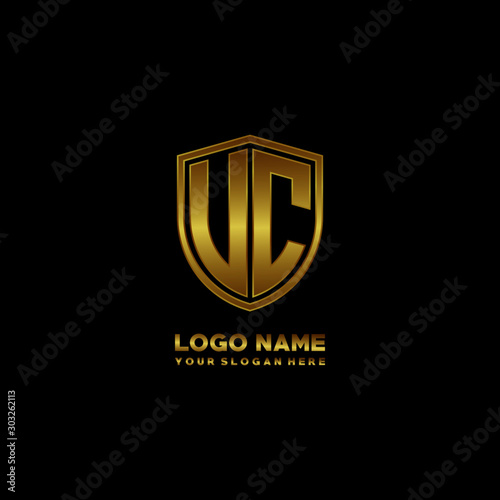 Initial letters UC VC shield shape gold monogram logo. Shield Secure Safe logo design inspiration