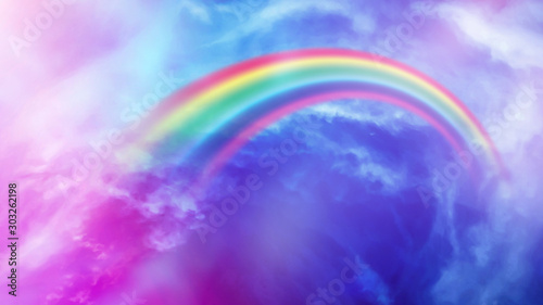 fantasy magical landscape rainbow on sky abstract big volume texture fluffy clouds shine close up view straight  cotton wool  pink purple pastel colors sun fabulous background 