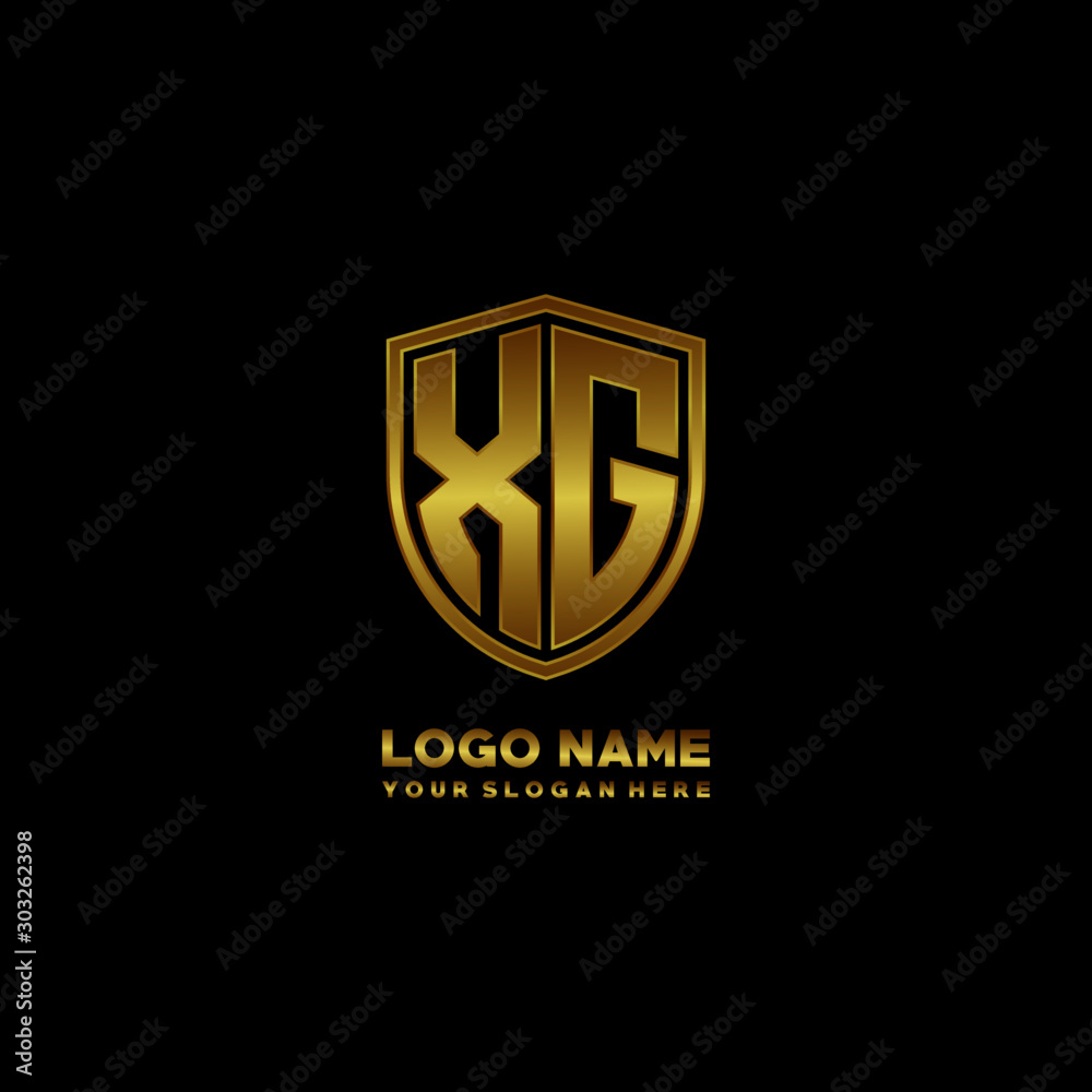 Initial letters XG shield shape gold monogram logo. Shield Secure Safe logo design inspiration Initial letters XG shield shape gold monogram logo. Shield Secure Safe logo design inspiration