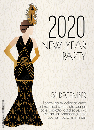 2020 New Year Art Deco Style Party Invitation Design with Girl in Dress