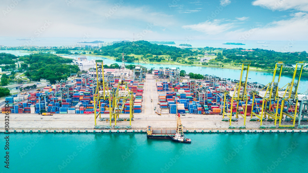 Bird eyes view of Singapore port full of containers