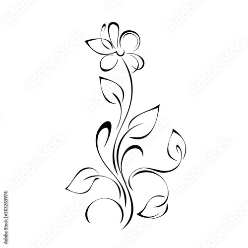 ornament 951. one decorative blossoming flower on a curved stalk with leaves in black lines on a white background