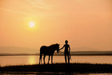 silhouette boy with horse on sunset background