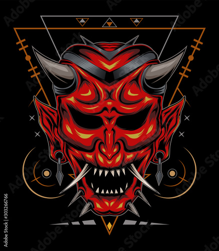 kabuki illustration. red devil face illustration. vector head of red demon. japanese demon mask