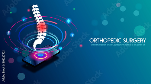 Medical orthopedic and the future of the smart hospital. Treatment for orthopedics traumatology of whole spine bone and joints injury. Medical presentation, hospital. Vector illustration