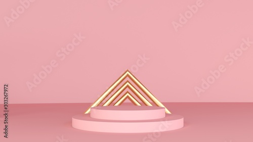 3D rendering geometry with pink and gold spliced round platform