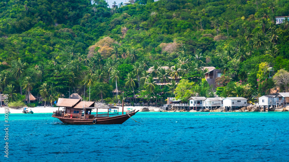 Panorama tropical nature scenic landscape paradise island Koh Tao with boat for traveler, Famous landmark tourist travel Thailand summer holiday vacation trip, Tourism beautiful destination place Asia