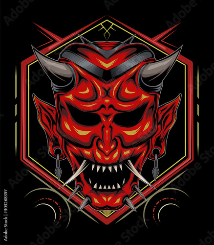kabuki illustration. red devil face illustration. vector head of red demon. japanese demon mask