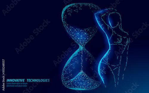 Hourglass 3D low poly fitness shape fast concept. Deadline present future exercise schedule. GYM classes bodybuilding rejuvenate anti-aging lotion vector illustration