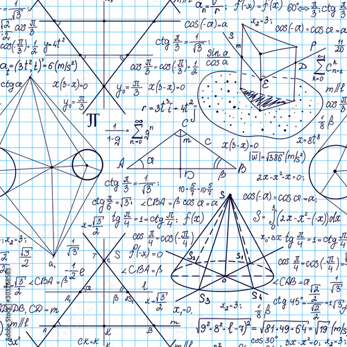 School math vector seamless pattern with handwritten mathematical and physical formulas, figures and calculations, copybook grid paper