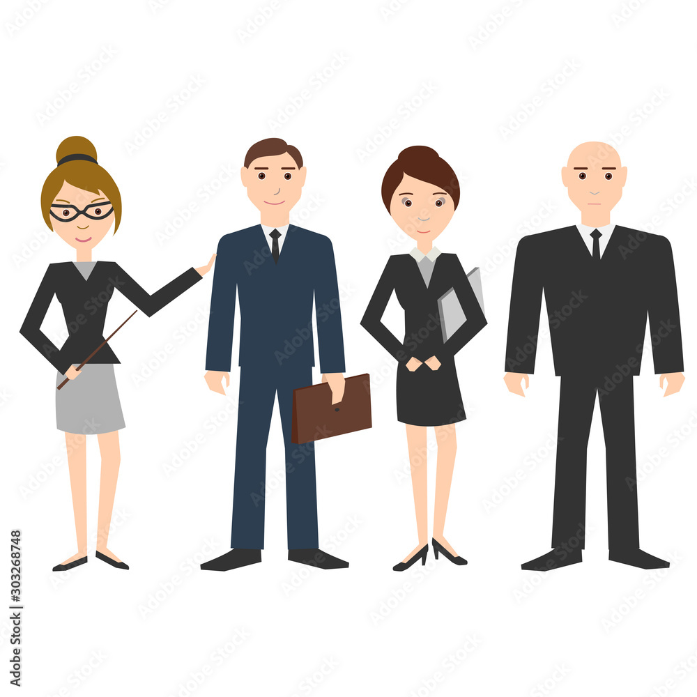 Businessmen. Men and women in business suits. Flat design. Vector illustration. The cartoon characters. Isolated on white. Businessmen. Men and women in business suits. Flat design. Vector illustration. The cartoon characters. Isolated on white.