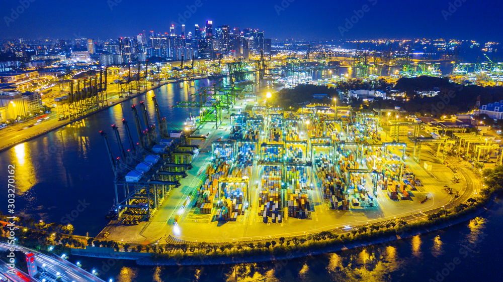 Panoramic aerial view on Singapore harbor