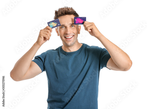 Young man with credit cards...