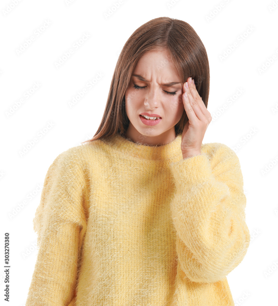 Young woman suffering from headache on white background Young woman suffering from headache on white background